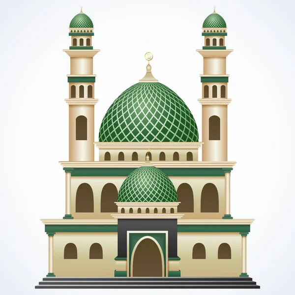 Bangunan masjid Islam dengan kubah hijau dan dua menara terisolasi dengan latar belakang putih - Stok Vektor
