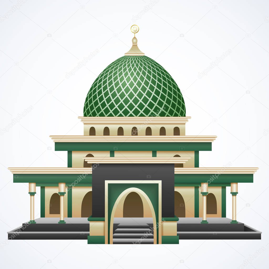 Islamic mosque building with green dome isolated on white background