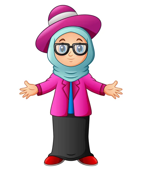 Muslim gadis mengenakan kerudung biru dan merah muda pakaian menyajikan - Stok Vektor