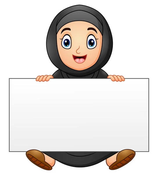 Fröhliche muslimische Mädchen Karikatur mit leerem Schild — Stockvektor
