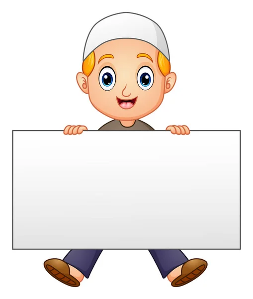 Šťastné muslimské chlapce kreslený drží prázdný znak — Stockový vektor