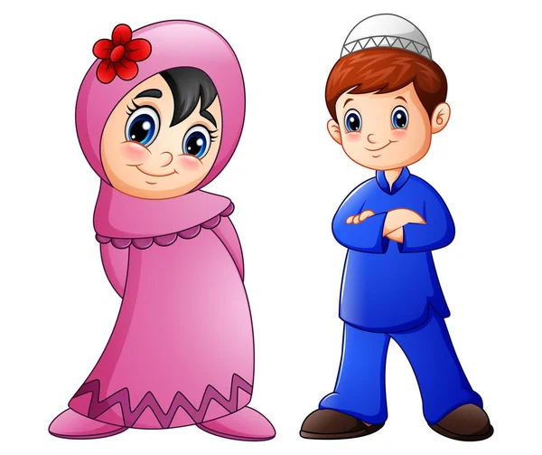 Happy muslim kartun anak terisolasi pada latar belakang putih - Stok Vektor