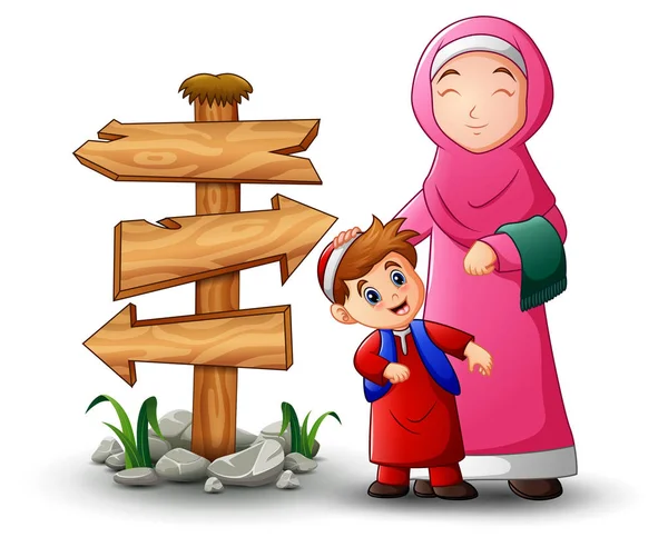 イスラム教徒の女性彼女の息子を保持は、頭と空白の木材矢印記号 — ストックベクタ