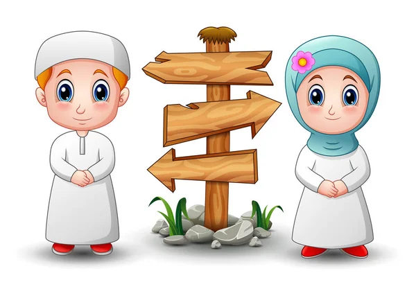 Karikatur muslimischer Kinder mit unbeschriebenem Holzpfeil — Stockvektor