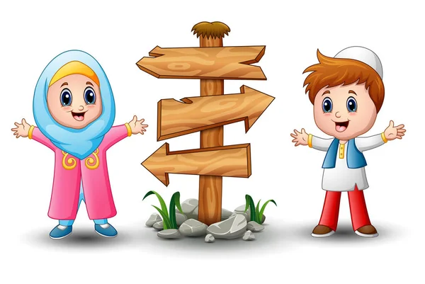 Karikatur muslimischer Kinder mit unbeschriebenem Holzpfeil — Stockvektor