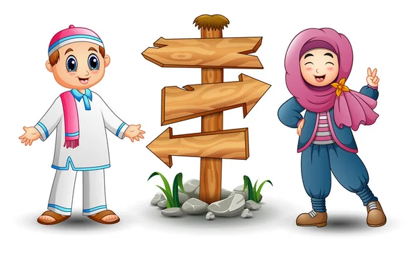 Müslüman çocuk çift ve boş ahşap ok işareti — Stok Vektör