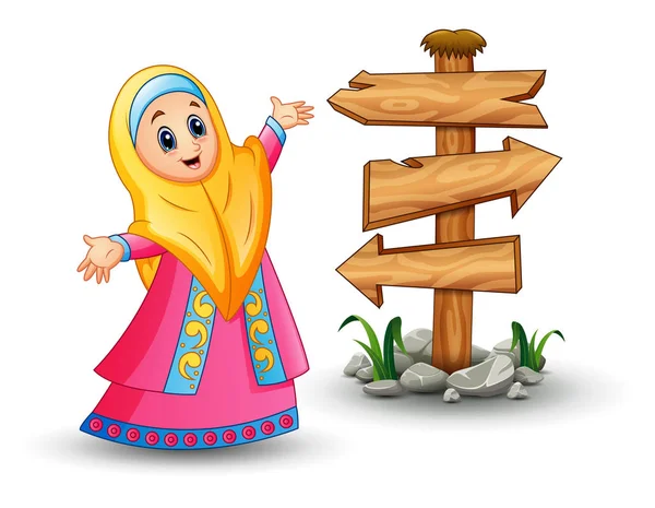 Мусульманская девушка в желтой вуали и розовом платье с пустым знаком со стрелкой — стоковый вектор