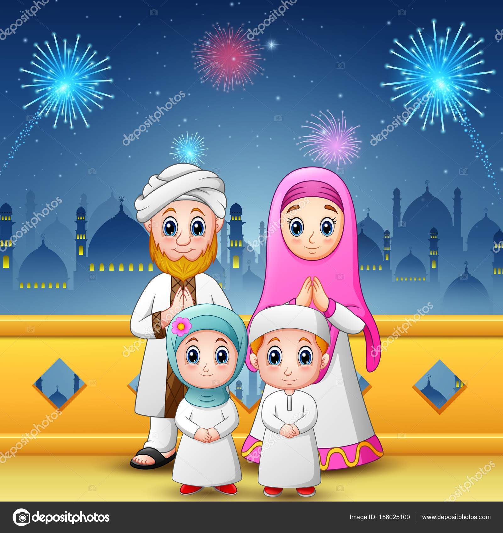 Happy family celebrate for eid mubarak with mosque and fireworks background Stock Vector Image by ©dualoro #156025100 Happy family celebrate for eid mubarak with mosque and fireworks background Stock Vector Image by ©dualoro #156025100