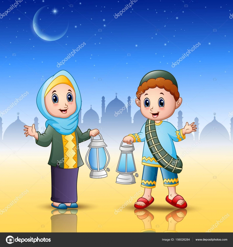 Muslim Boy And Girl Cartoon Holding Lantern Stock Vector Image By C Dualoro