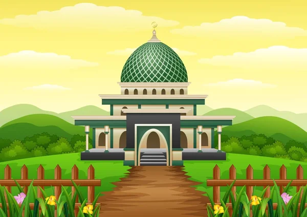 Islámské mešity se zelenou kupolí v zahradě — Stockový vektor