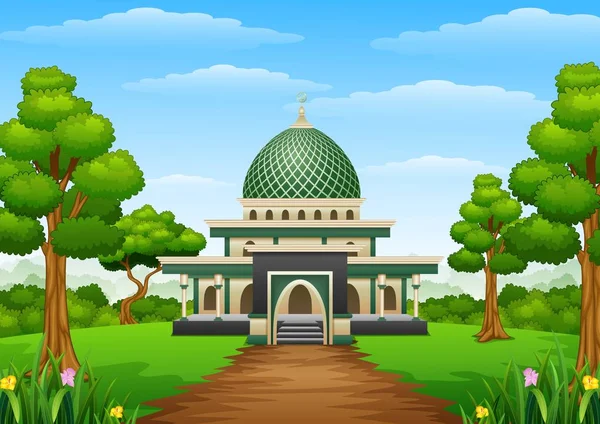 Edificio de mezquitas islámicas con cúpula verde en el bosque — Vector de stock