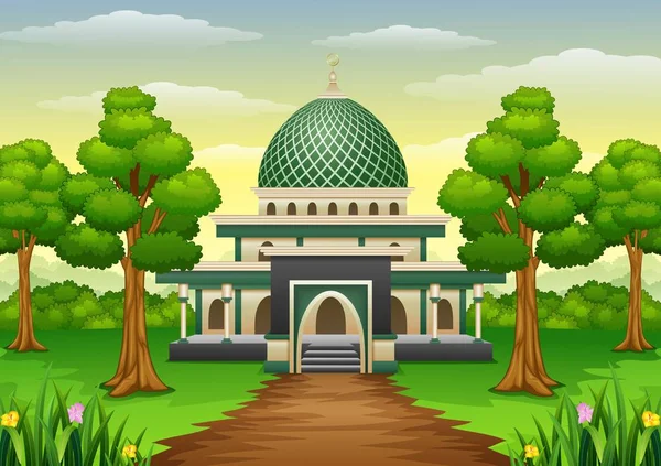 Moschea islamica con cupola verde nella foresta — Vettoriale Stock