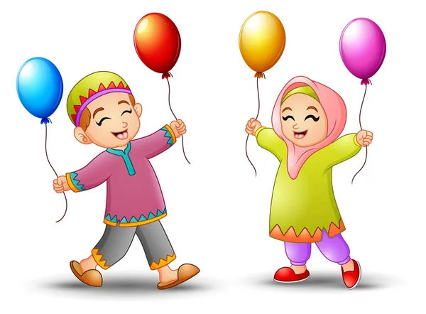 Happy cartoon kid bedrijf ballon ter gelegenheid van eid mubarak — Stockvector