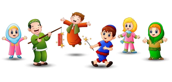 Happy cartoon kind vieren eid mubarak met play vuurwerk — Stockvector
