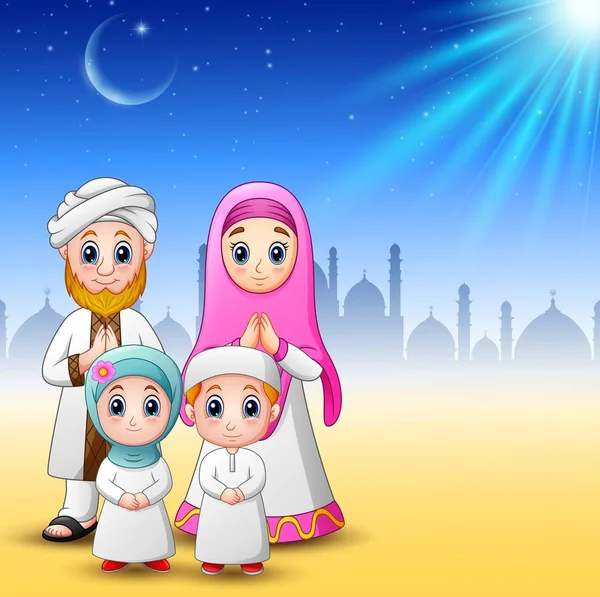 Mutlu aile kutlamak için eid mubarak Camii arka plan ile — Stok Vektör
