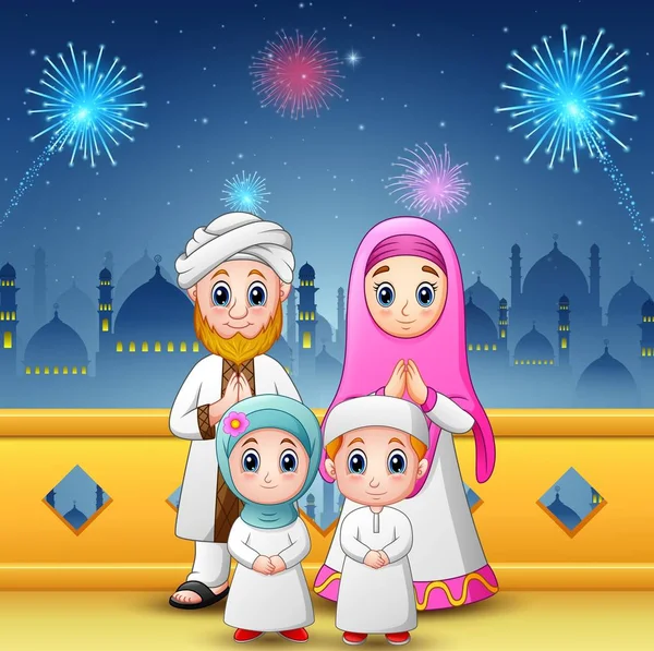 幸せな家族を祝うイードのモスクと花火の背景とムバラク — ストックベクタ