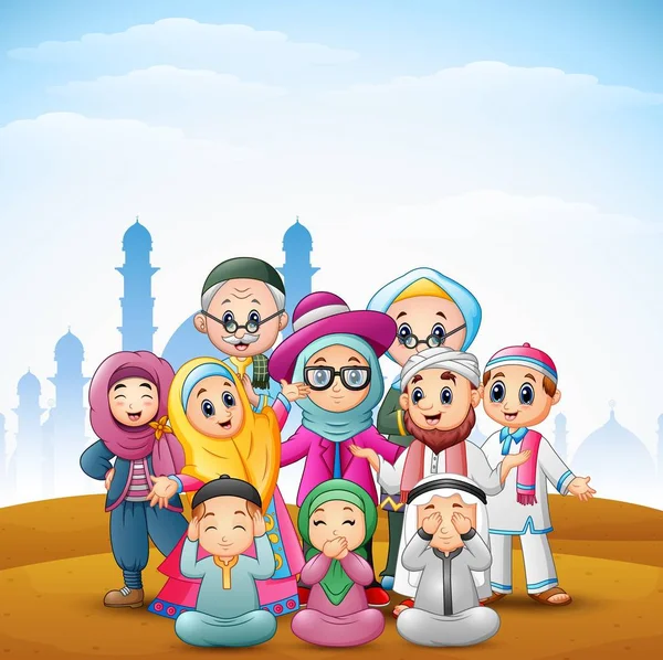 幸せな家族を祝うイードのモスクの背景を持つムバラク — ストックベクタ