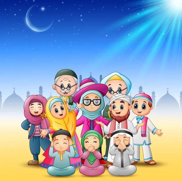幸せな家族を祝うイードのモスクの背景を持つムバラク — ストックベクタ