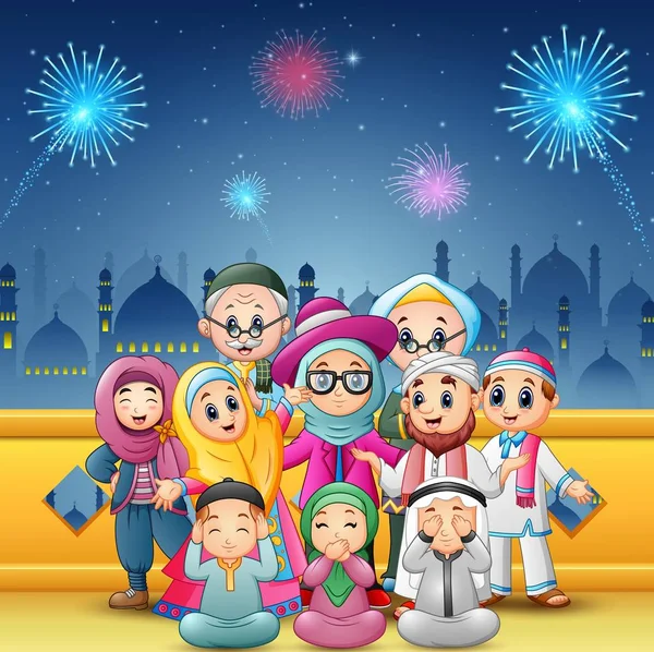 Glückliche Familie feiert für eid Mubarak mit Moschee und Feuerwerk — Stockvektor