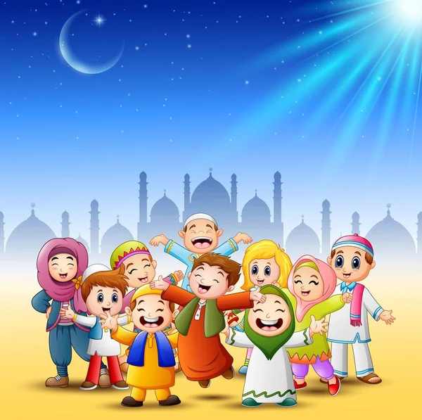 Happy kids fira för eid mubarak med moskén bakgrund — Stock vektor