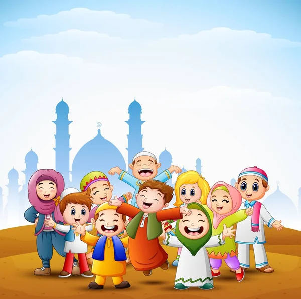 Boldog gyerekek Ünnepeld az eid mubarak mecset háttérrel — Stock Vector