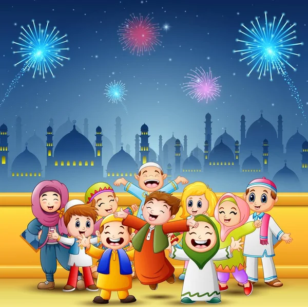 幸せな子供たちを祝うイードのモスクと花火の背景とムバラク — ストックベクタ