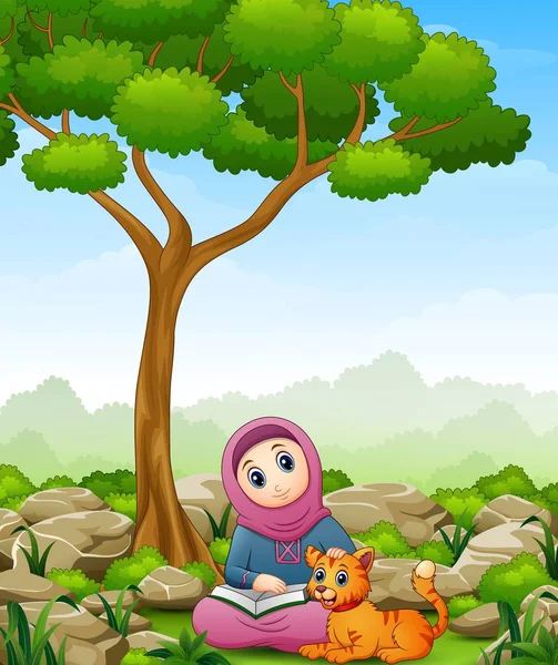 Μουσουλμανικές κορίτσι καρτούν κρατώντας ένα βιβλίο και η γάτα στη ζούγκλα — Διανυσματικό Αρχείο