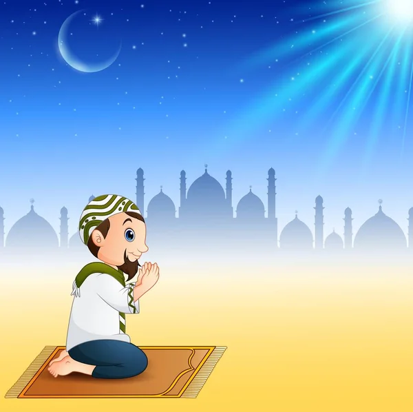 Muslim laki-laki duduk di karpet doa saat berdoa - Stok Vektor