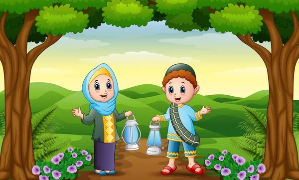 Islamitische jongen en meisje cartoon holding lantaarn in de jungle — Stockvector