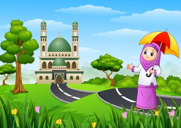 Muslim girl cartoon in the street to mosque — Stock Vector