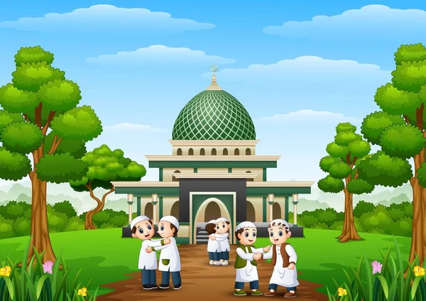 Felice cartone animato per bambini celebrare eid mubarak nel parco con moschea — Vettoriale Stock