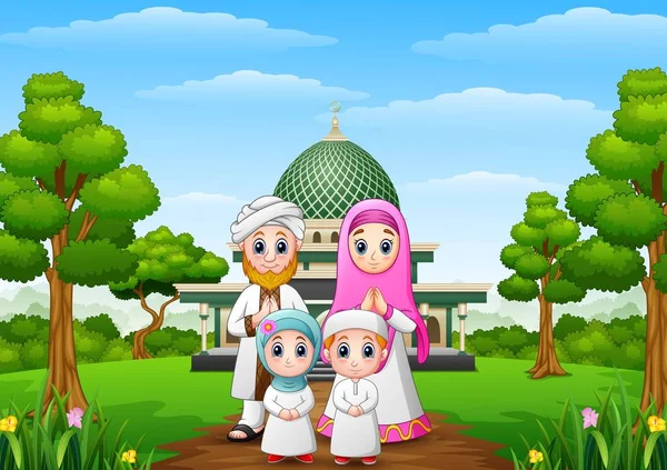 Muslim families cartoon with mosque in the forest — Stock Vector