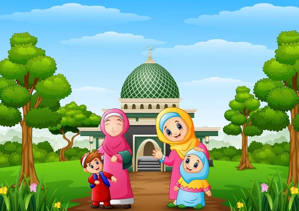 Donne musulmane con figlio e sua figlia con moschea nel parco — Vettoriale Stock