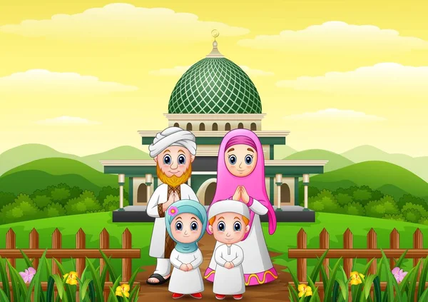 Felices dibujos animados familiares celebran por eid mubarak con mezquita en el bosque — Archivo Imágenes Vectoriales