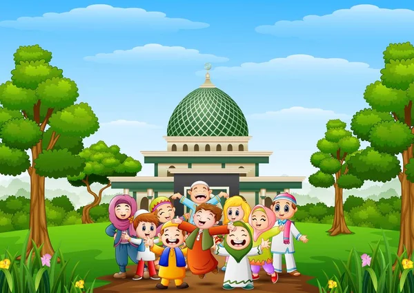 Fröhliche Karikaturenkinder feiern eid Mubarak mit islamischer Moschee im Wald — Stockvektor