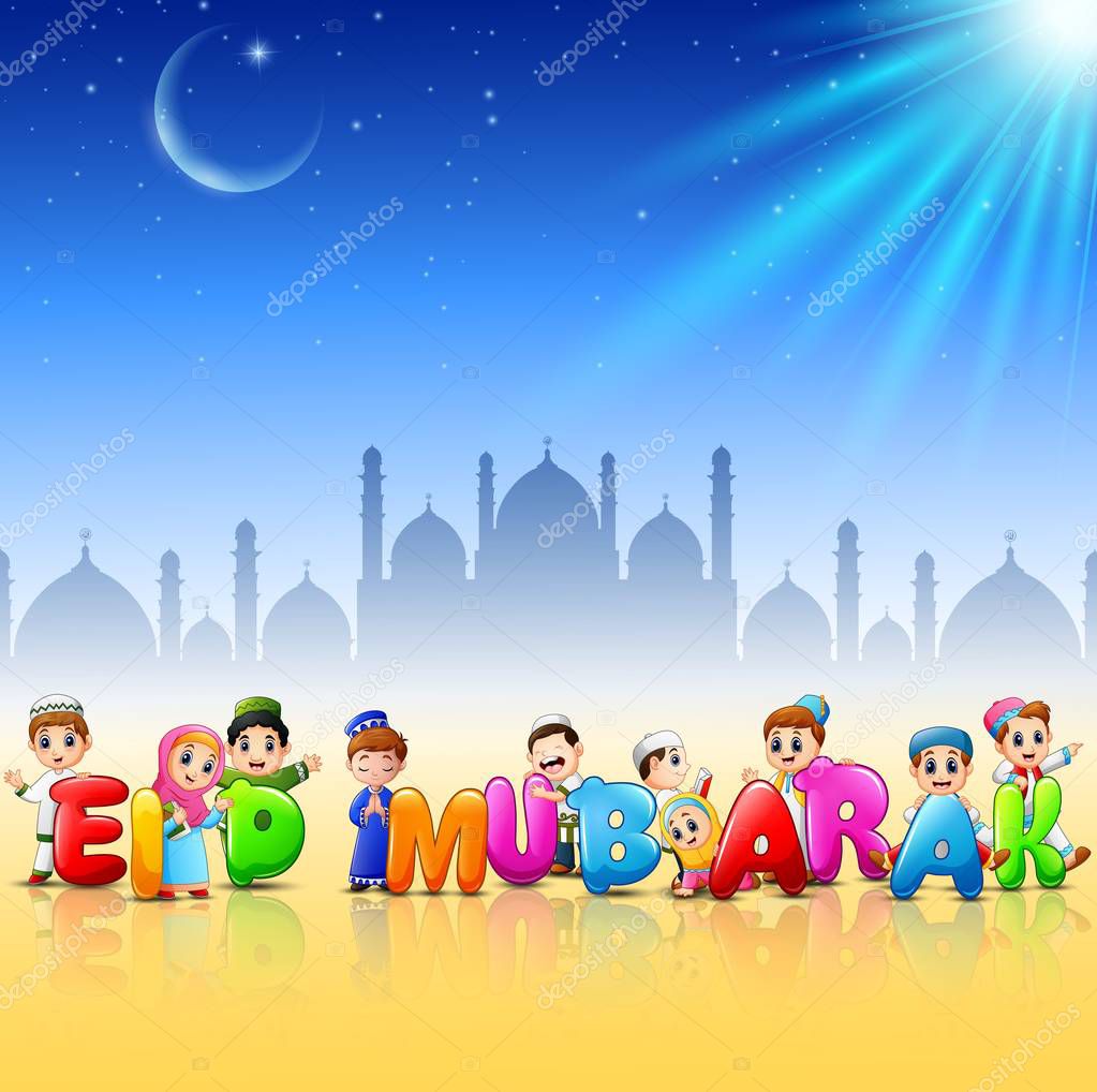 Enfant heureux cartoon célébrer l'Aïd mubarak avec fond de 