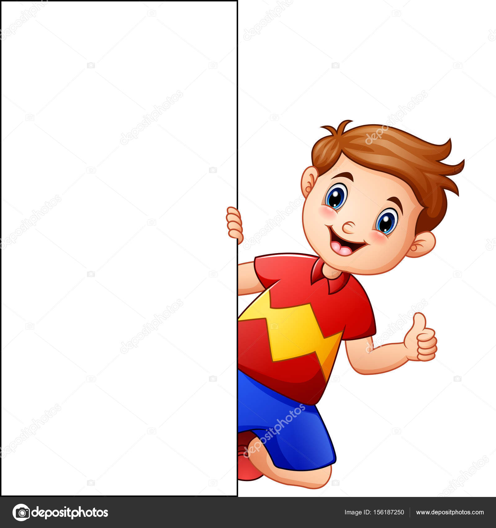 Cartoon Boy Giving Thumbs Up With Holding Blank Sign Stock