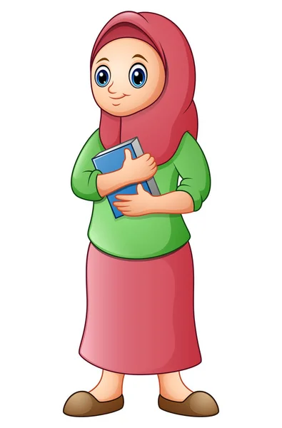 Muslim perempuan mengenakan kerudung merah dengan memegang Quran - Stok Vektor