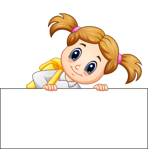 Шкільна дівчина мультфільм тримає порожній знак — стоковий вектор