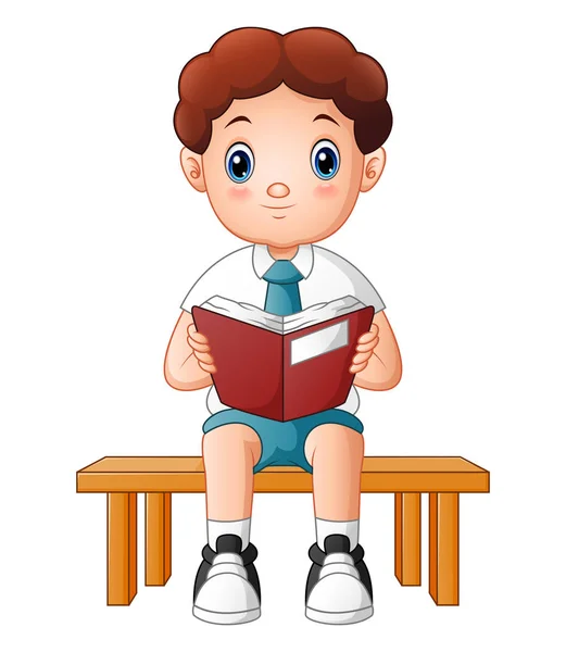 Rapaz bonito em um uniforme escolar lendo um livro — Vetor de Stock