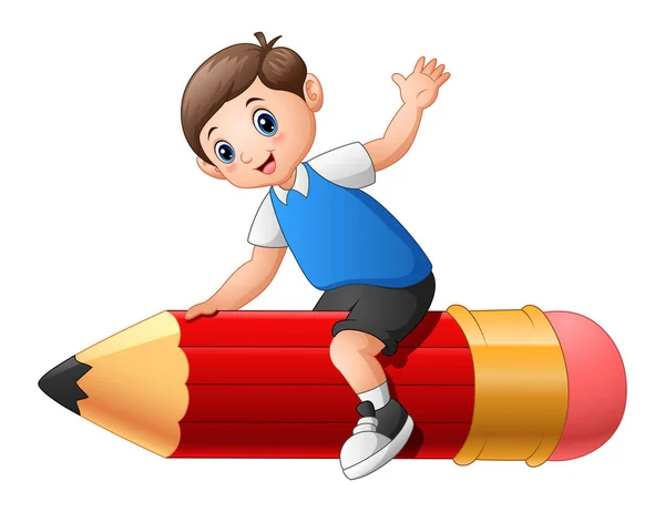 School jongen rijden een potlood — Stockvector