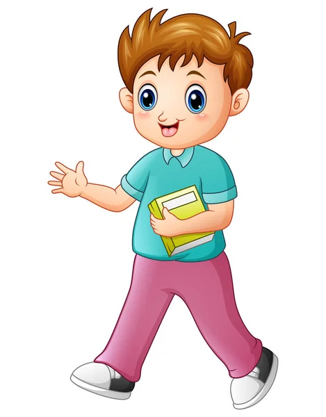 Tecknad pojke håller en bok med viftande hand — Stock vektor