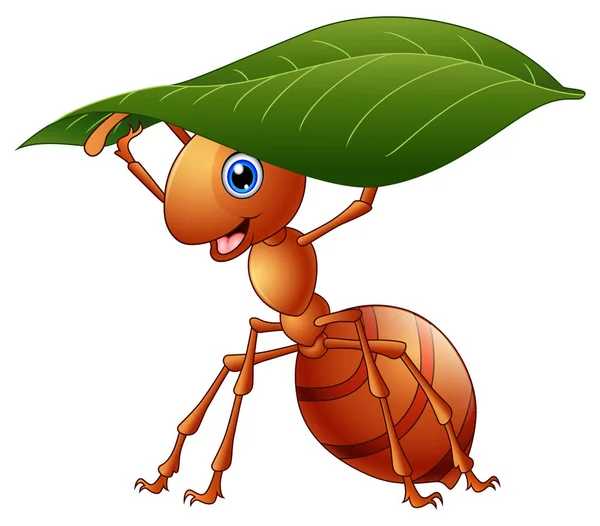 Cartoon ant holding ett grönt blad — Stock vektor