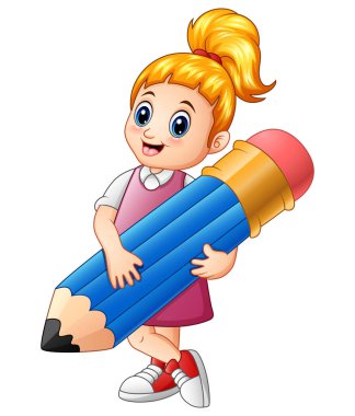 School girl holding a pencil clipart