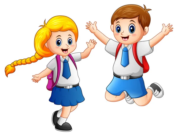 Happy school kids in a school uniform - Stok Vektor