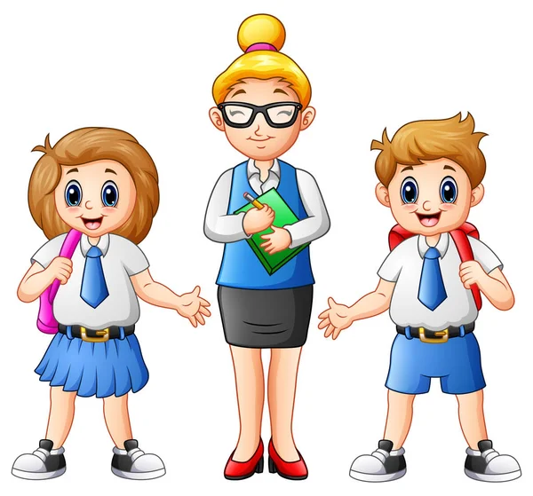 Cartoon vrouwelijke leraar en leerlingen in schooluniform — Stockvector