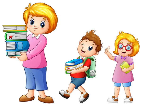 Mulher dos desenhos animados com menino da escola carregando com uma pilha de livros — Vetor de Stock
