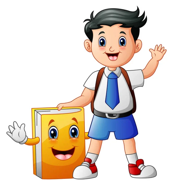 Симпатичный мальчик в школьной форме с книжным персонажем мультфильма — стоковый вектор