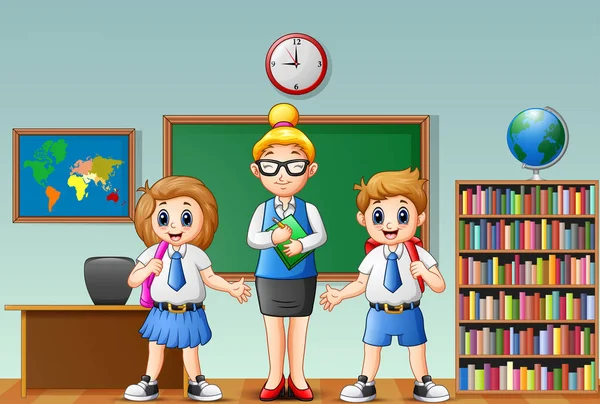 Profesora de dibujos animados y estudiantes en uniforme escolar en el aula — Vector de stock
