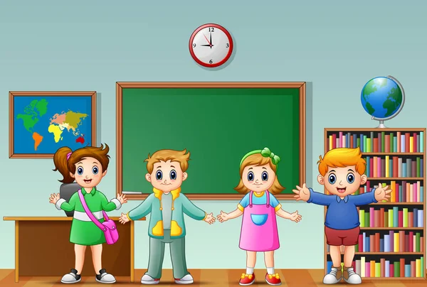Счастливые школьники мультфильм в классе — стоковый вектор